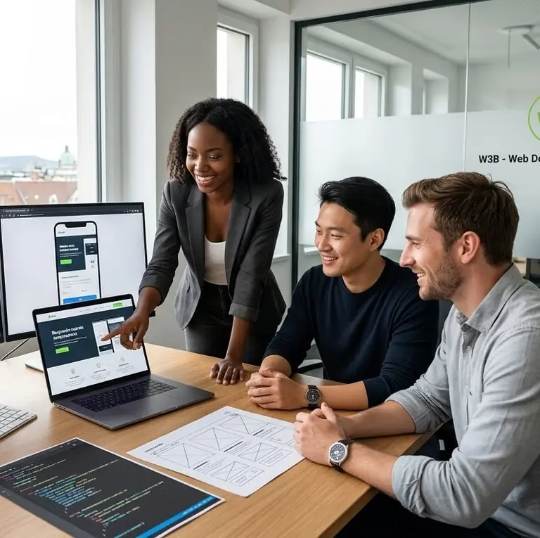 Ein minimalistischer Wiener Arbeitsplatz mit Laptop, Notizblock und Kaffeetasse